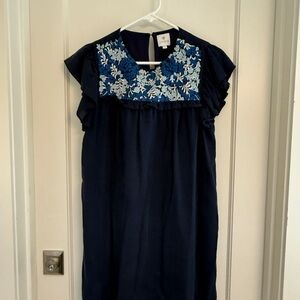 J Marie Navy Blue Dress with Floral Embroidery